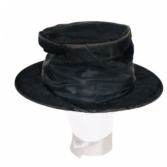 Antique Victorian Edwardian 1900s Black Velvet Wire Frame Slouchy Bow Top Hat